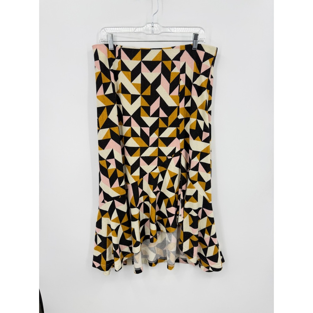 Maeve Geometric Ruffle Midi Skirt Women Size Large Pink Yellow Black Abstract